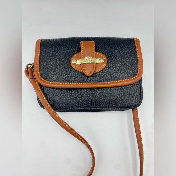 Vintage Small Navy Blue Leather With Brown Trim Purse Crossbody Purse Gold - Picture 3 of 8